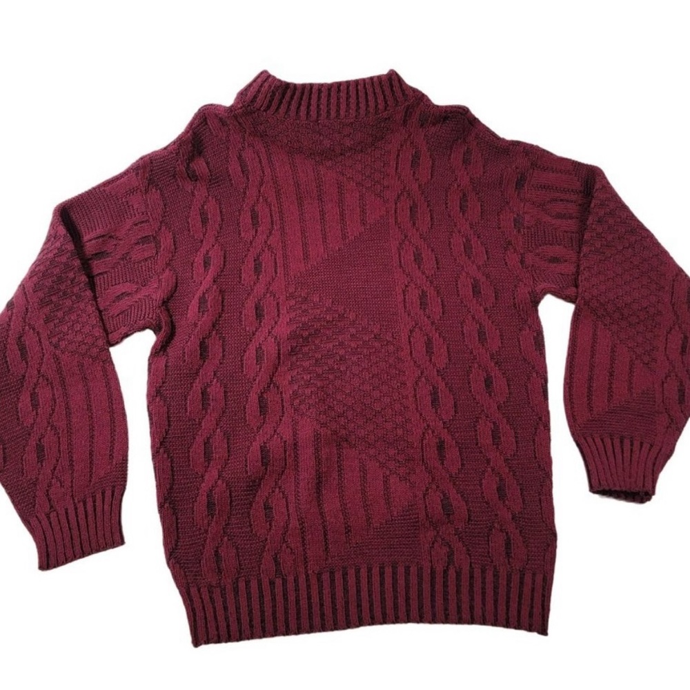 Vintage Poplar Classics Mens Cable Knit Fisherman LS Burgundy Sweater M